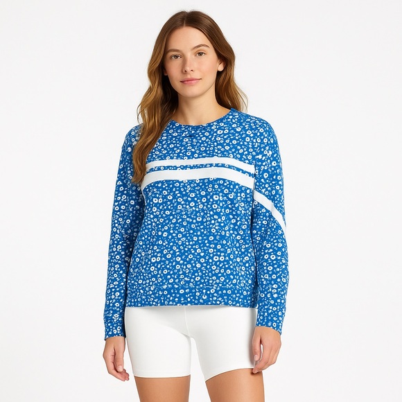 ADDISON BAY Lombard Crew Neck Pullover Top Courtside Blue Floral Cotton Sm NEW - Picture 1 of 14